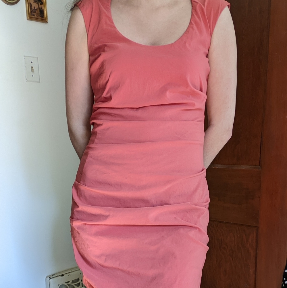 Y2K Ruched Bodycon Midi Dress Salmon Pink - Picture 1 of 8